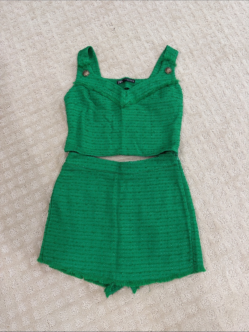 Zara Emerald Green Light Tweed like Crop Top & Mini Skirt Set